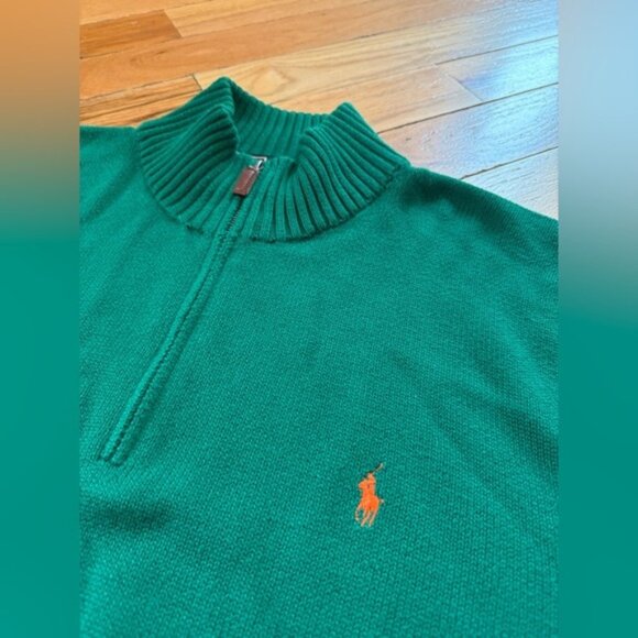 Polo Ralph Lauren Sweater Men’s Sz 4XB Green Orange Pony 1/4 Zip Knit Chunky VTG - Picture 2 of 11
